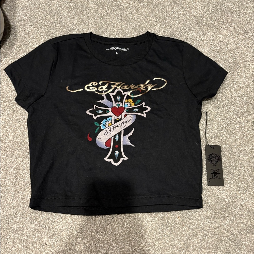 Ed Hardy Black Tee with Vibrant Cross Design